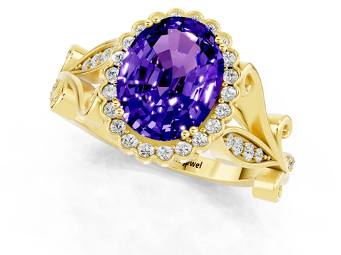 Yellow gold Oval Cut Tanzanite Halo Ring with Vintage Split Shank and Four-Prong Setting_1