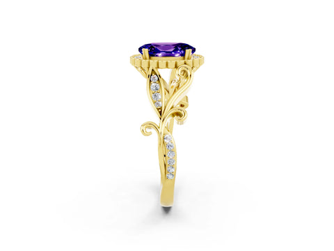Yellow gold Oval Cut Tanzanite Halo Ring with Vintage Split Shank and Four-Prong Setting_2