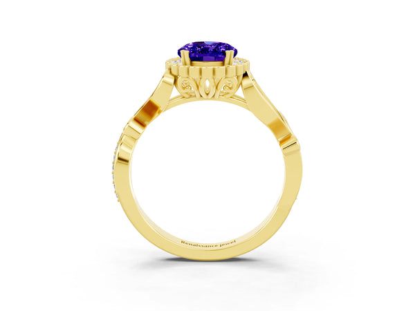 Yellow gold Oval Cut Tanzanite Halo Ring with Vintage Split Shank and Four-Prong Setting