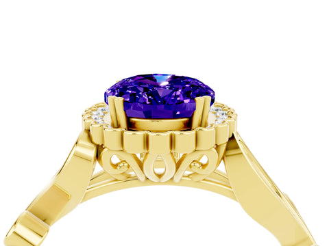 Yellow gold Oval Cut Tanzanite Halo Ring with Vintage Split Shank and Four-Prong Setting_4