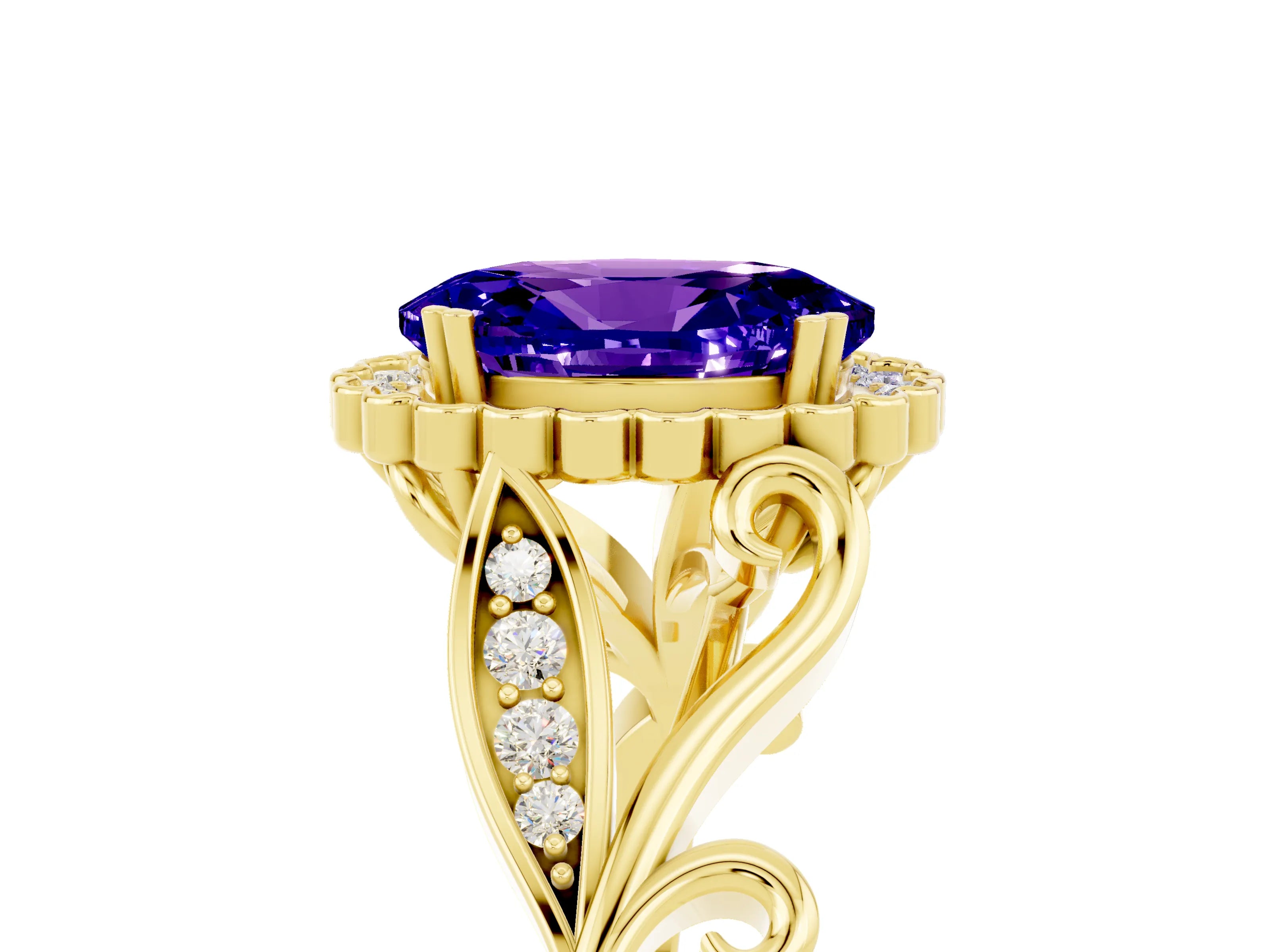 Yellow gold Oval Cut Tanzanite Halo Ring with Vintage Split Shank and Four-Prong Setting_5