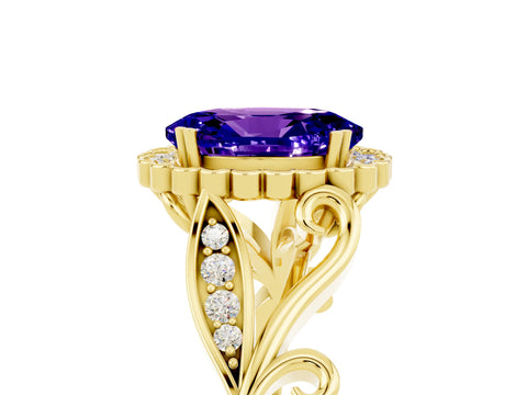 Yellow gold Oval Cut Tanzanite Halo Ring with Vintage Split Shank and Four-Prong Setting_5