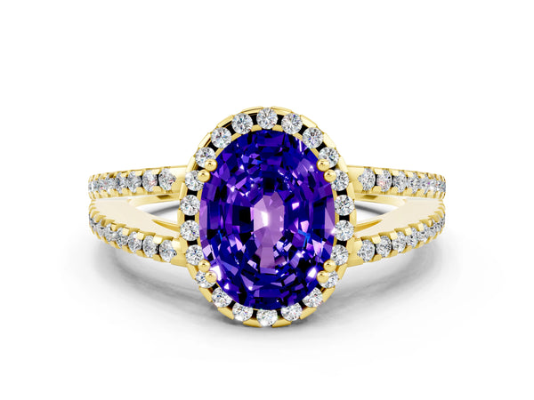 Yellow gold Oval Cut Tanzanite Halo Split Shank Engagement Ring