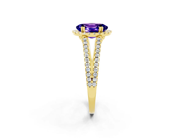 Yellow gold Oval Cut Tanzanite Halo Split Shank Engagement Ring