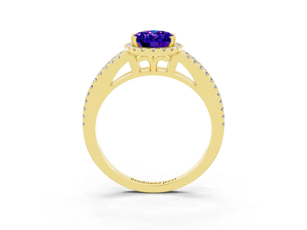 Yellow gold Oval Cut Tanzanite Halo Split Shank Engagement Ring