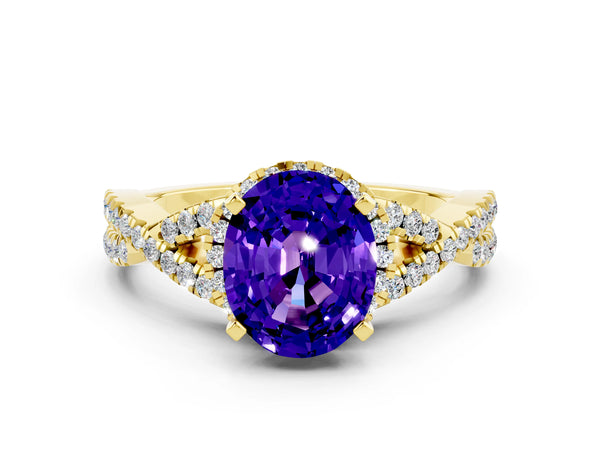Yellow gold Oval Cut Tanzanite  Halo Twist Band Solitaire Prong Setting Ring