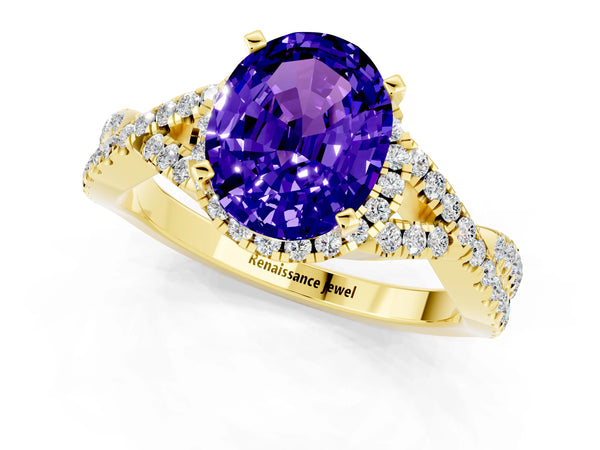 Yellow gold Oval Cut Tanzanite  Halo Twist Band Solitaire Prong Setting Ring