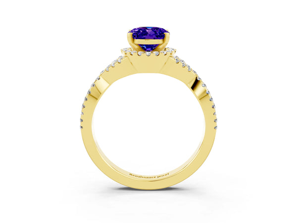 Yellow gold Oval Cut Tanzanite  Halo Twist Band Solitaire Prong Setting Ring