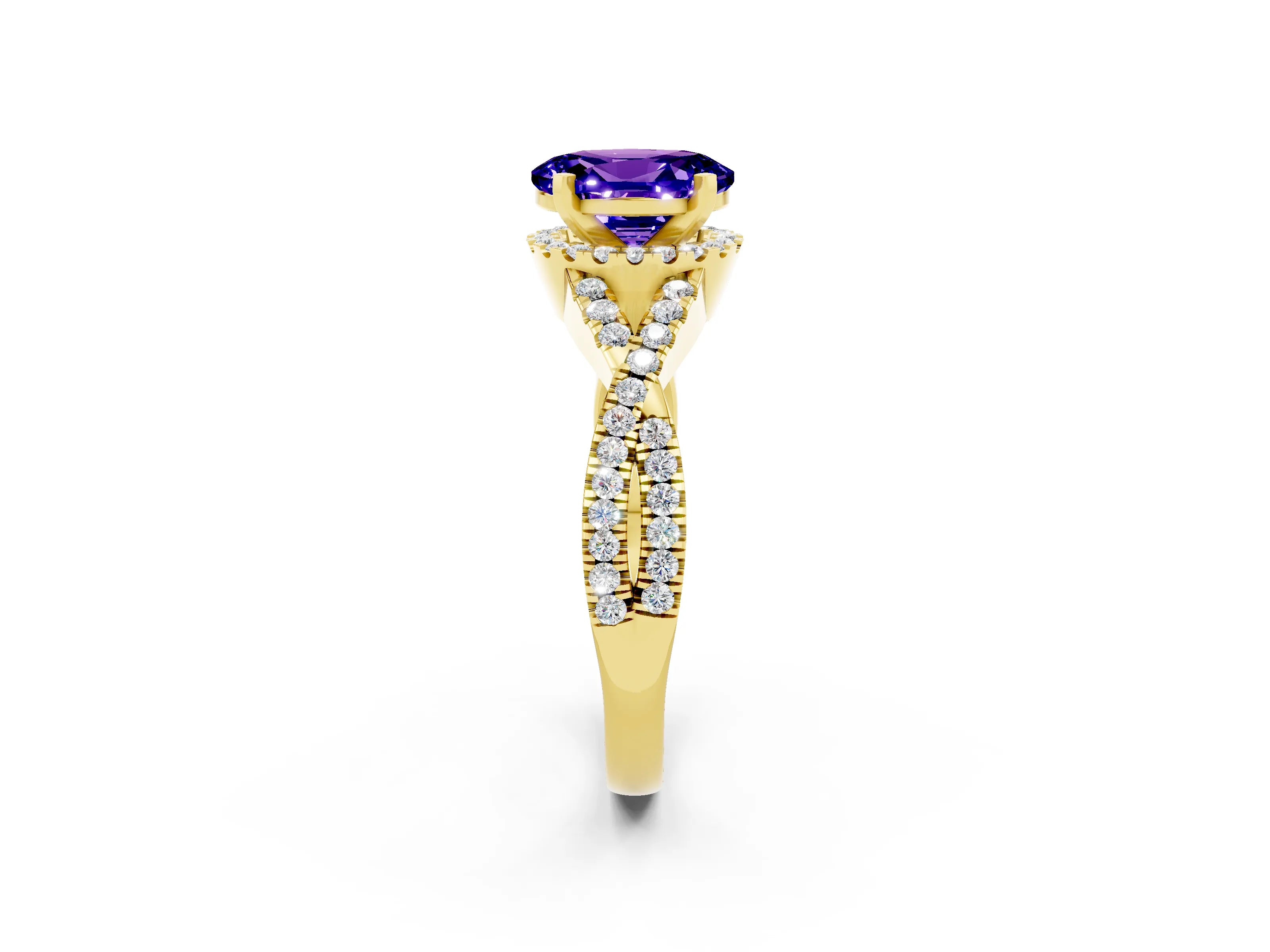 Yellow gold Oval Cut Tanzanite Halo Twist Band Solitaire Prong Setting Ring_2