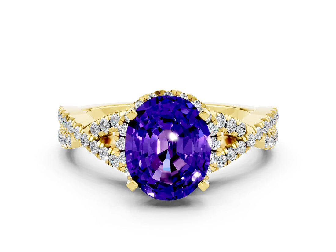 Yellow gold Oval Cut Tanzanite  Halo Twist Band Solitaire Prong Setting Ring_36