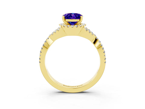 Yellow gold Oval Cut Tanzanite Halo Twist Band Solitaire Prong Setting Ring_3