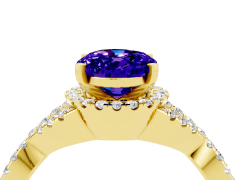 Yellow gold Oval Cut Tanzanite Halo Twist Band Solitaire Prong Setting Ring_4