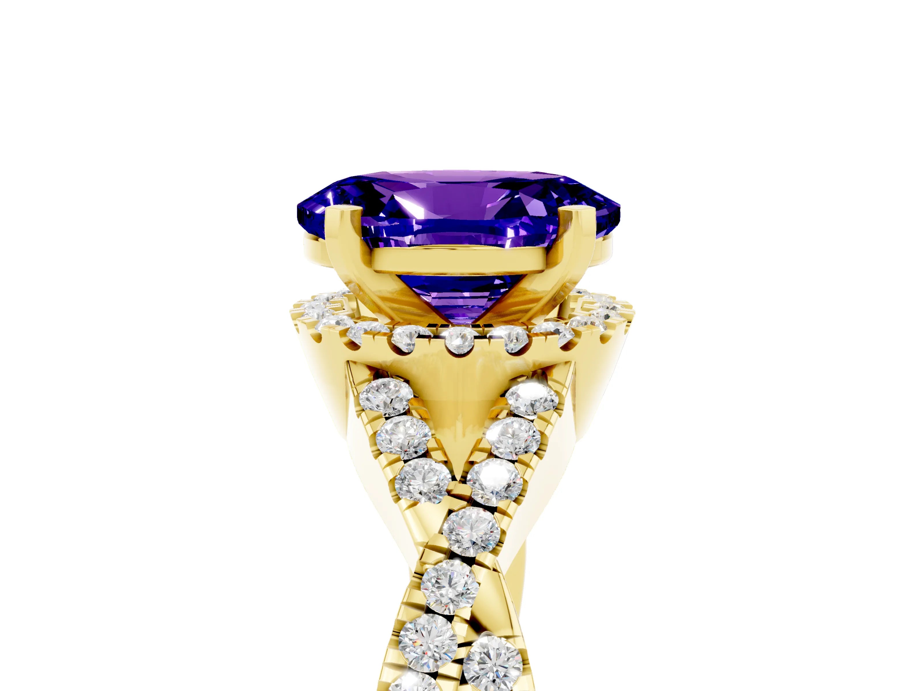 Yellow gold Oval Cut Tanzanite Halo Twist Band Solitaire Prong Setting Ring_5