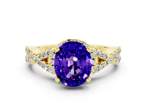 Yellow gold Oval Cut Tanzanite Halo Twist Band Solitaire Prong Setting Ring