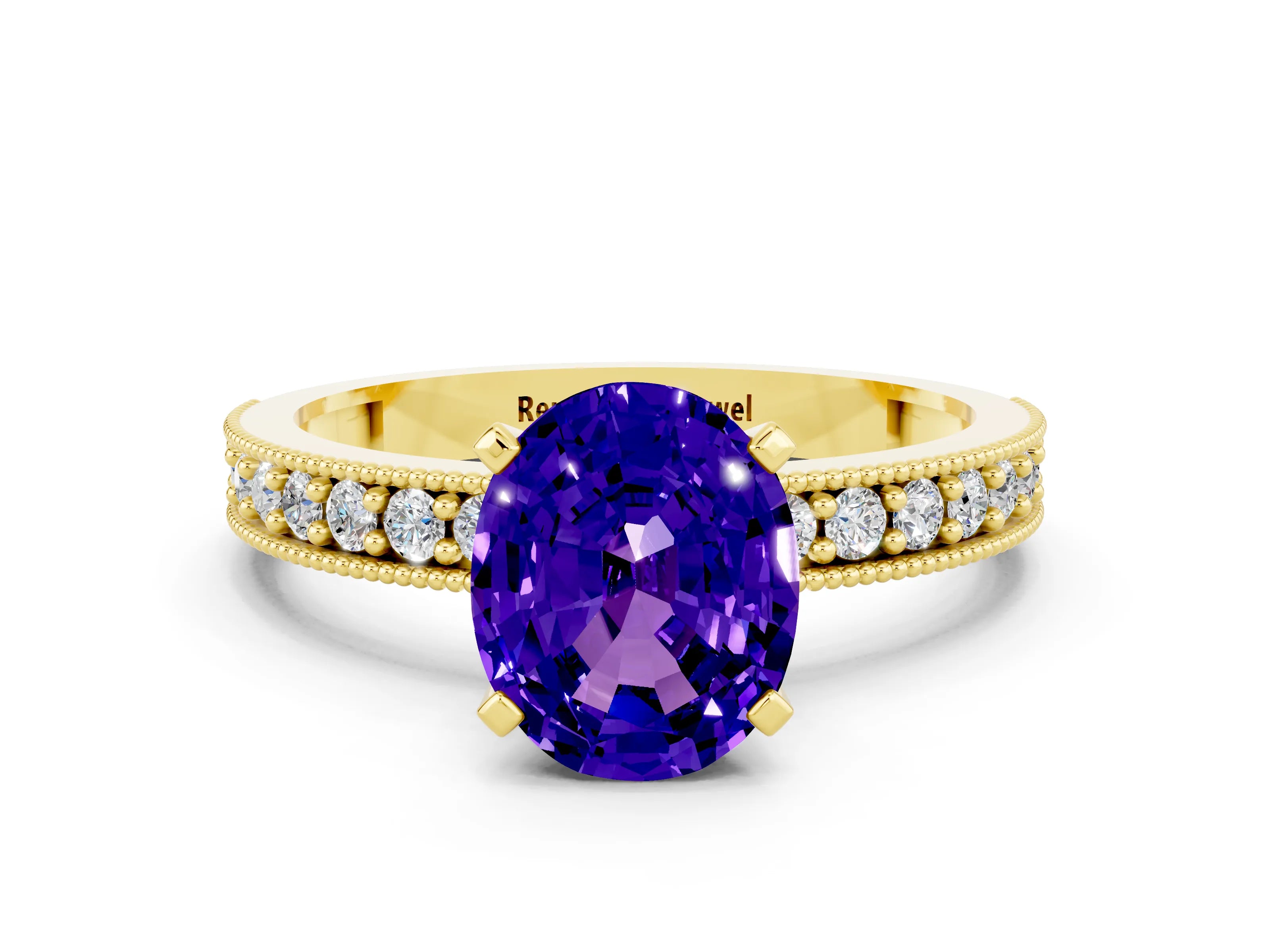 Yellow gold Oval Cut Tanzanite Milgrain Pavé Engagement Ring with Four-Prong Setting_12