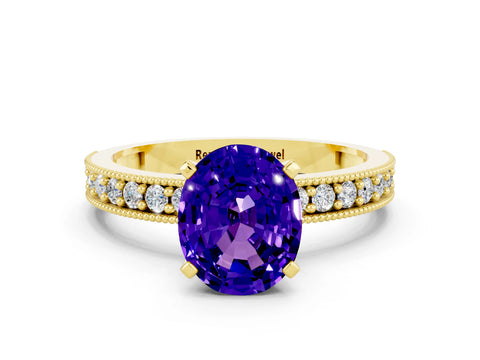 Yellow gold Oval Cut Tanzanite Milgrain Pavé Engagement Ring with Four-Prong Setting_12