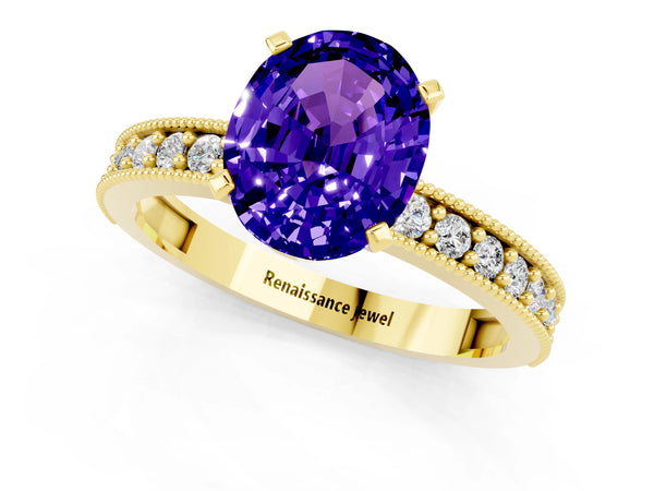 Yellow gold Oval Cut Tanzanite Milgrain Pavé Engagement Ring with Four-Prong Setting