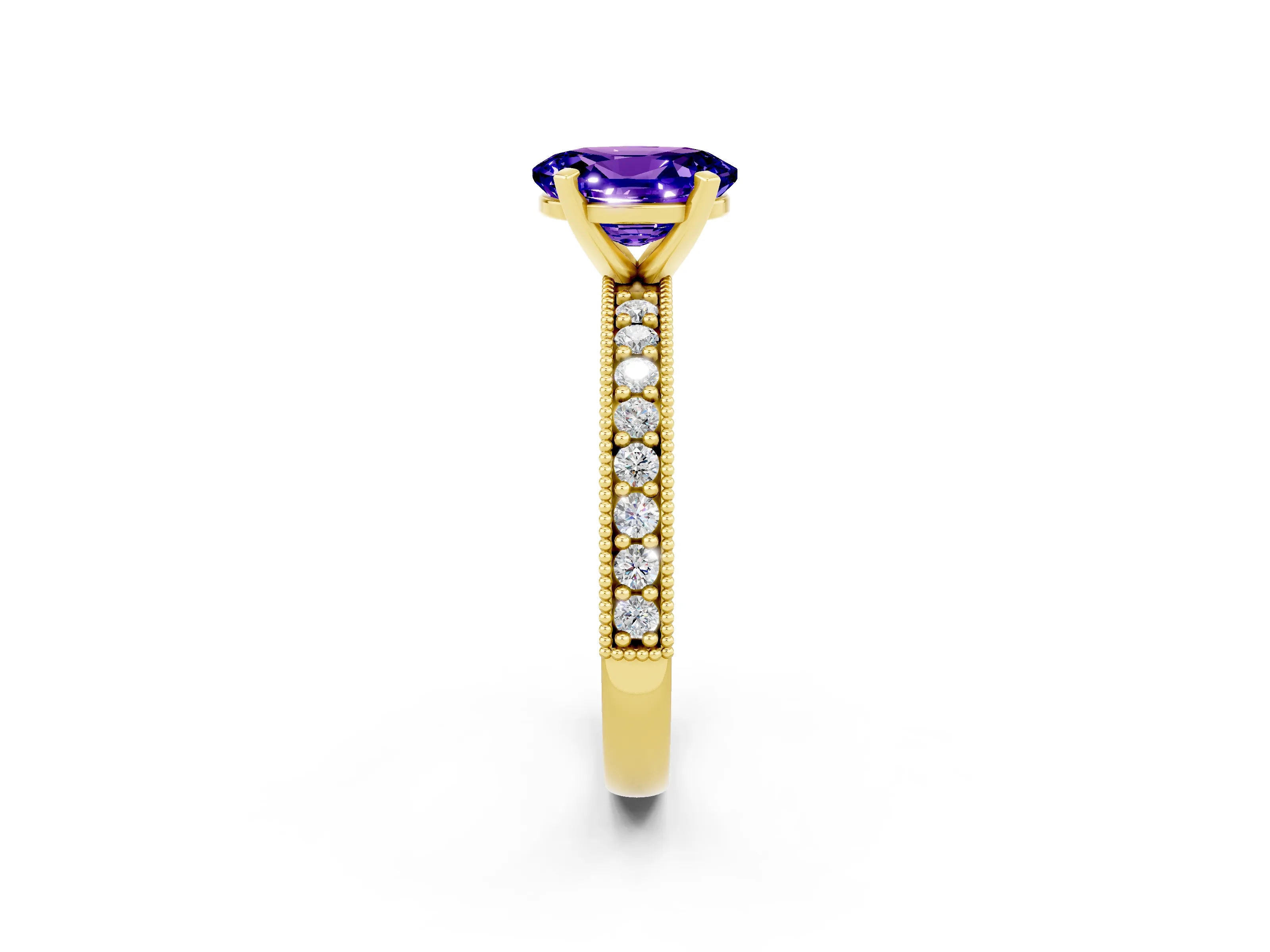Yellow gold Oval Cut Tanzanite Milgrain Pavé Engagement Ring with Four-Prong Setting_14