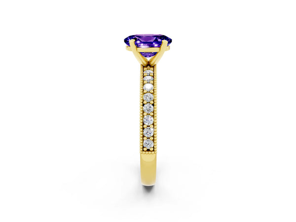 Yellow gold Oval Cut Tanzanite Milgrain Pavé Engagement Ring with Four-Prong Setting