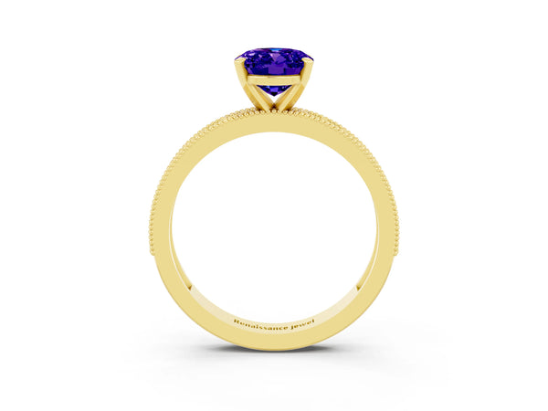Yellow gold Oval Cut Tanzanite Milgrain Pavé Engagement Ring with Four-Prong Setting
