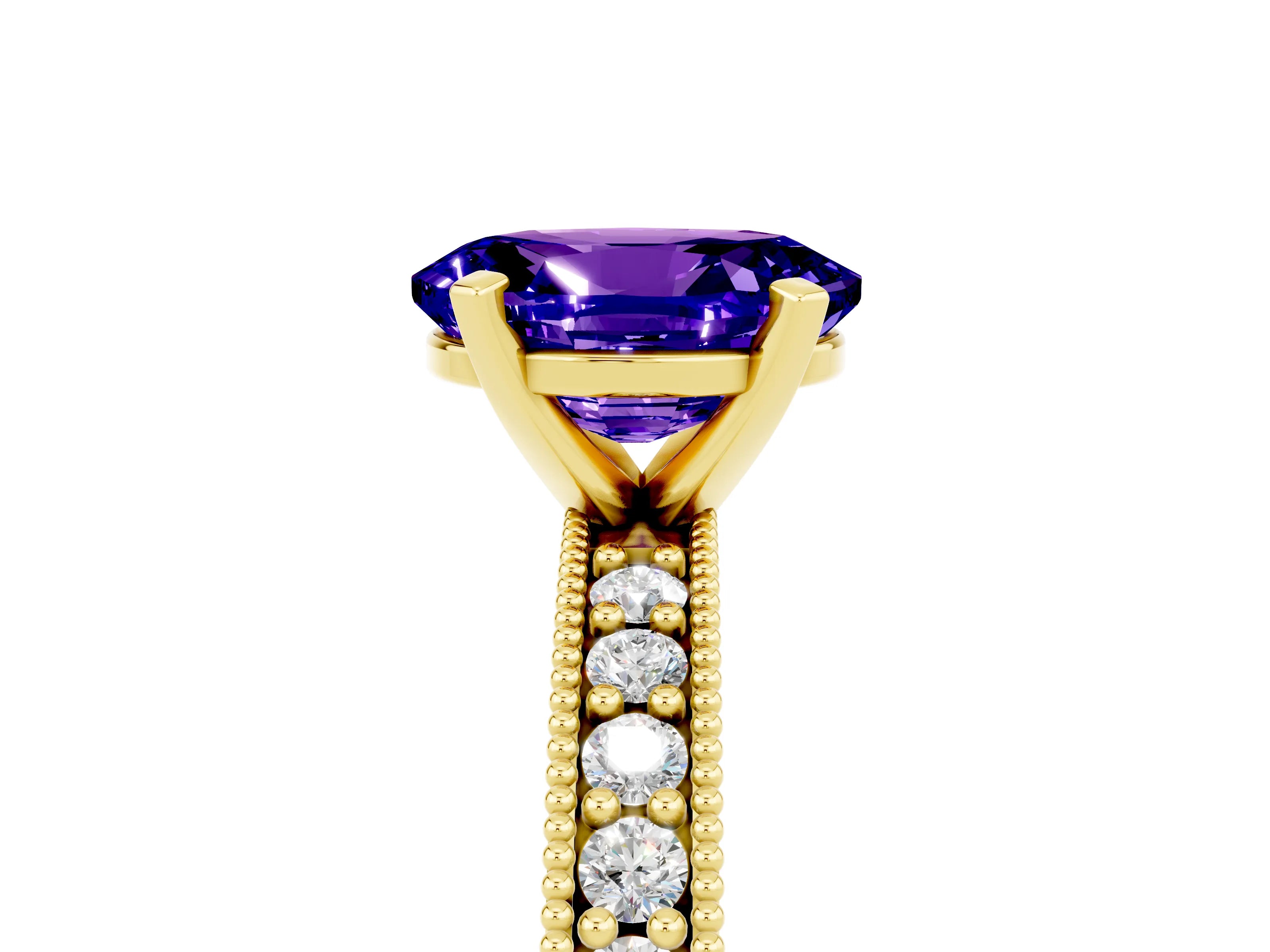 Yellow gold Oval Cut Tanzanite Milgrain Pavé Engagement Ring with Four-Prong Setting_17
