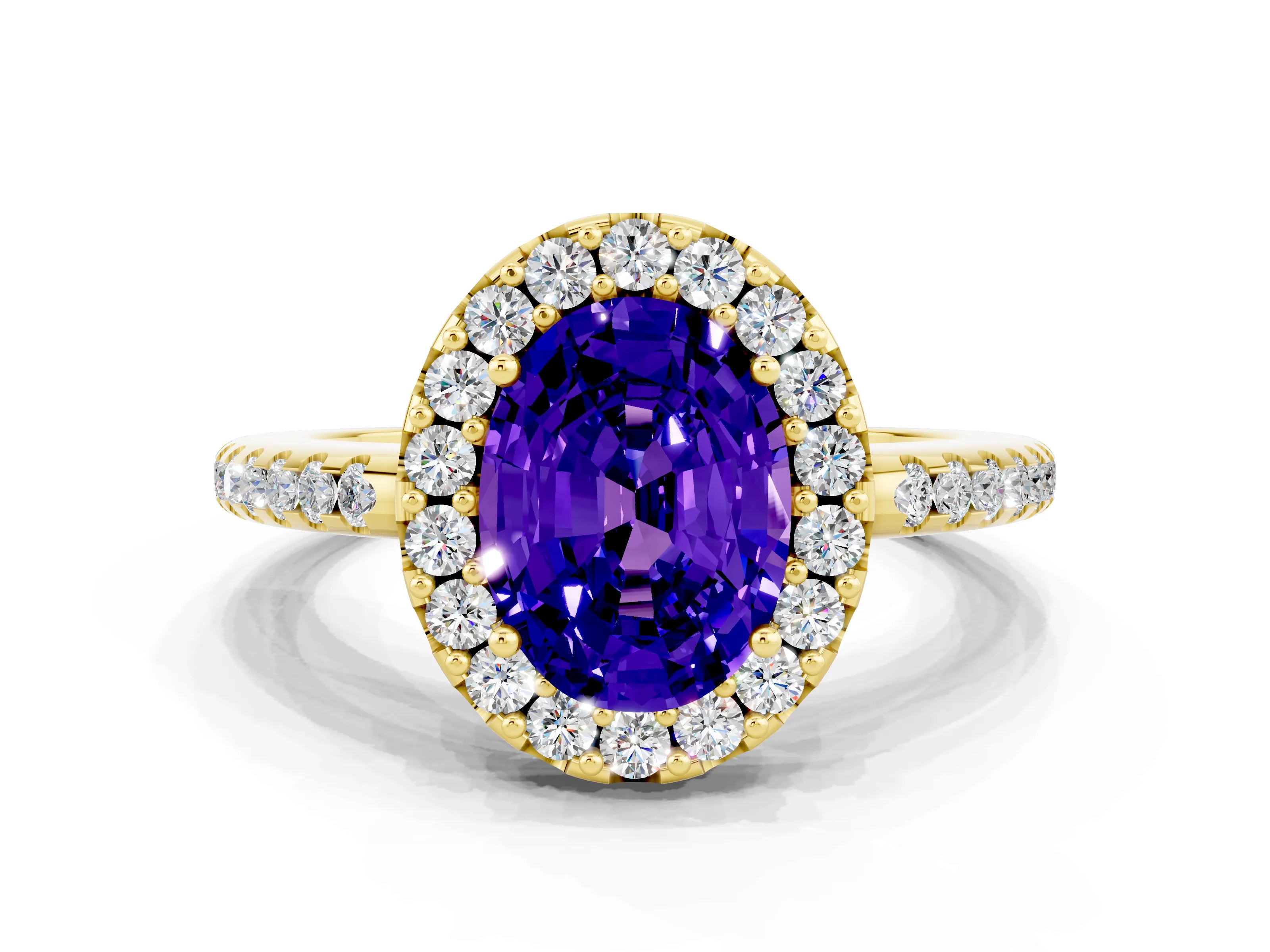 Yellow gold Oval Cut Tanzanite Pavé Halo Ring with Four-Prong Setting_12