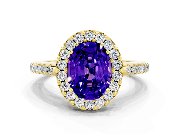 Yellow gold Oval Cut Tanzanite Pavé Halo Ring with Four-Prong Setting