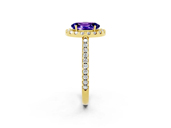 Yellow gold Oval Cut Tanzanite Pavé Halo Ring with Four-Prong Setting