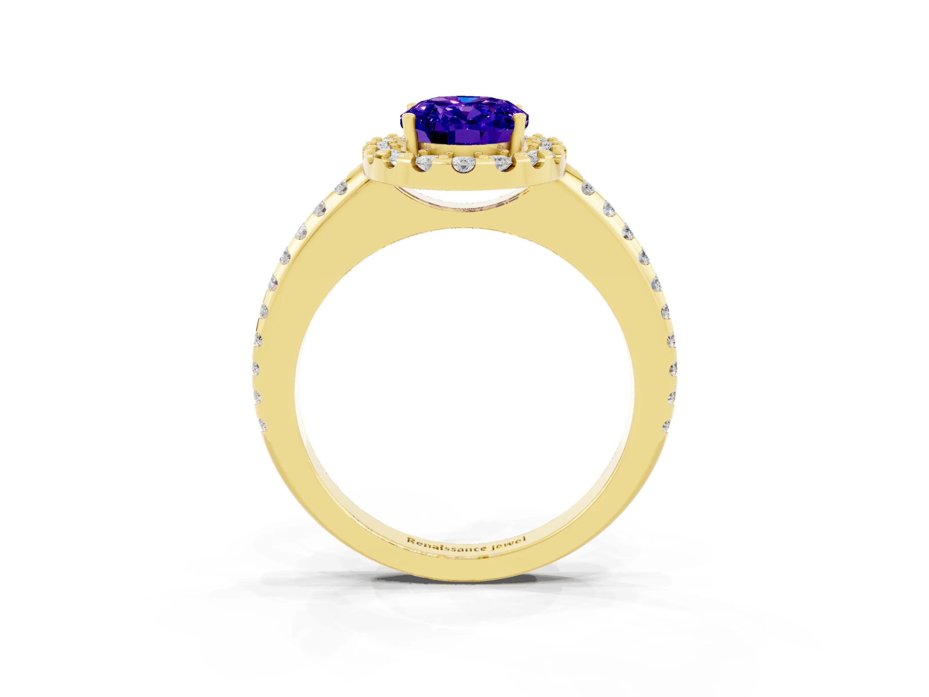 Yellow gold Oval Cut Tanzanite Pavé Halo Ring with Four-Prong Setting_15