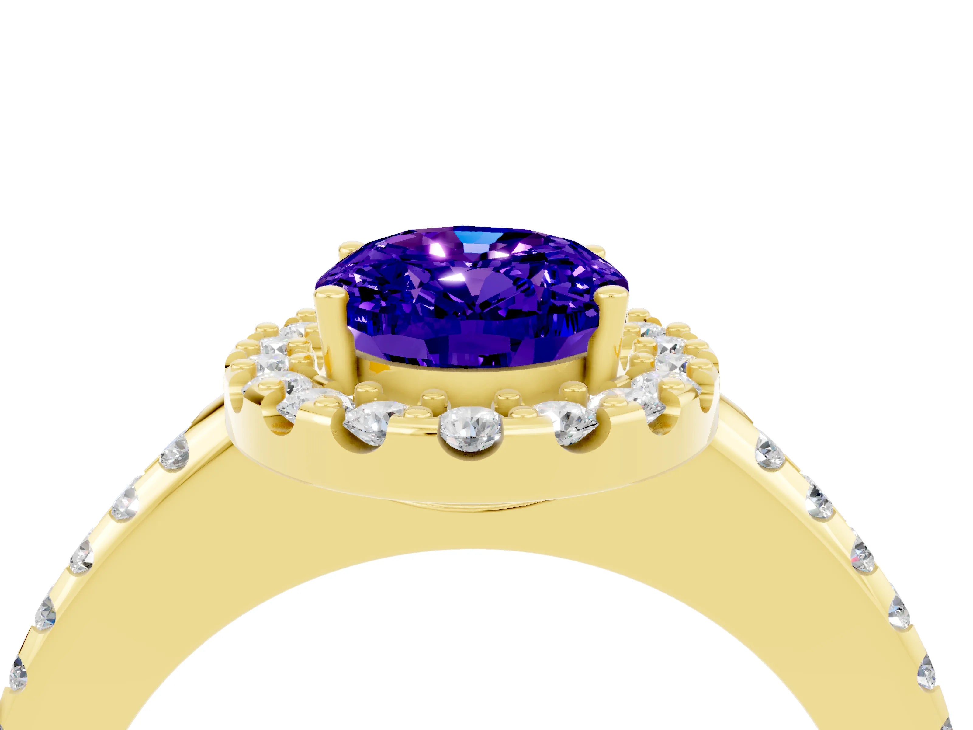 Yellow gold Oval Cut Tanzanite Pavé Halo Ring with Four-Prong Setting_16