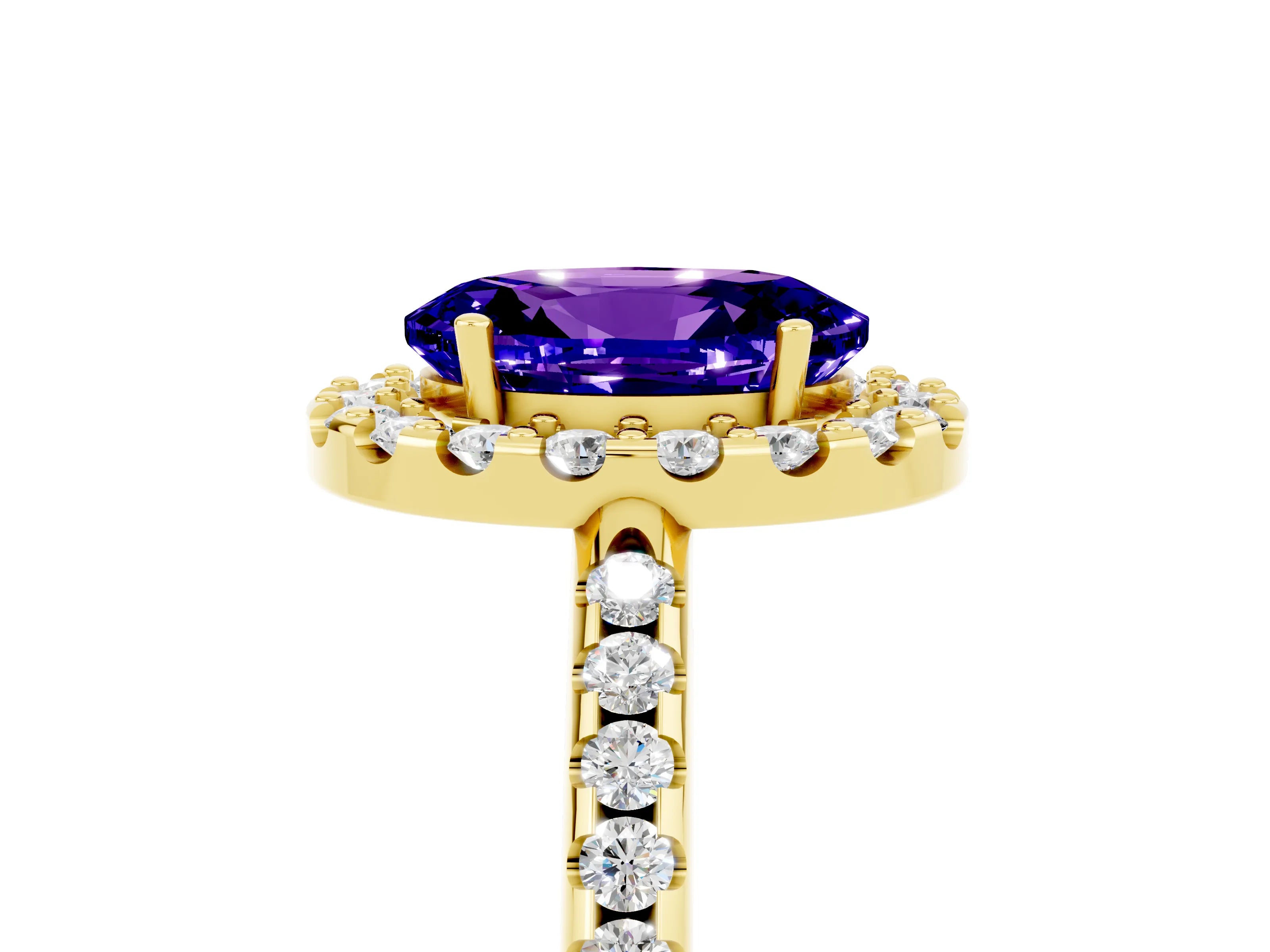 Yellow gold Oval Cut Tanzanite Pavé Halo Ring with Four-Prong Setting_17