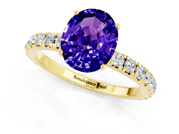 Yellow gold Oval Cut Tanzanite Pavé Solitaire Engagement Ring with Four-Prong Setting