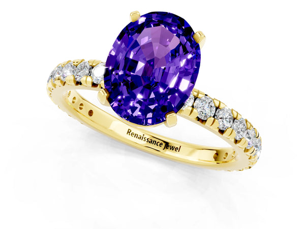 Yellow gold Oval Cut Tanzanite Pavé Solitaire Ring with Round Band and Prong Setting