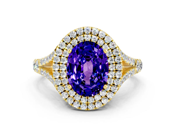 Yellow gold Oval Cut Tanzanite Pavé Split Shank Double Halo Engagement Ring