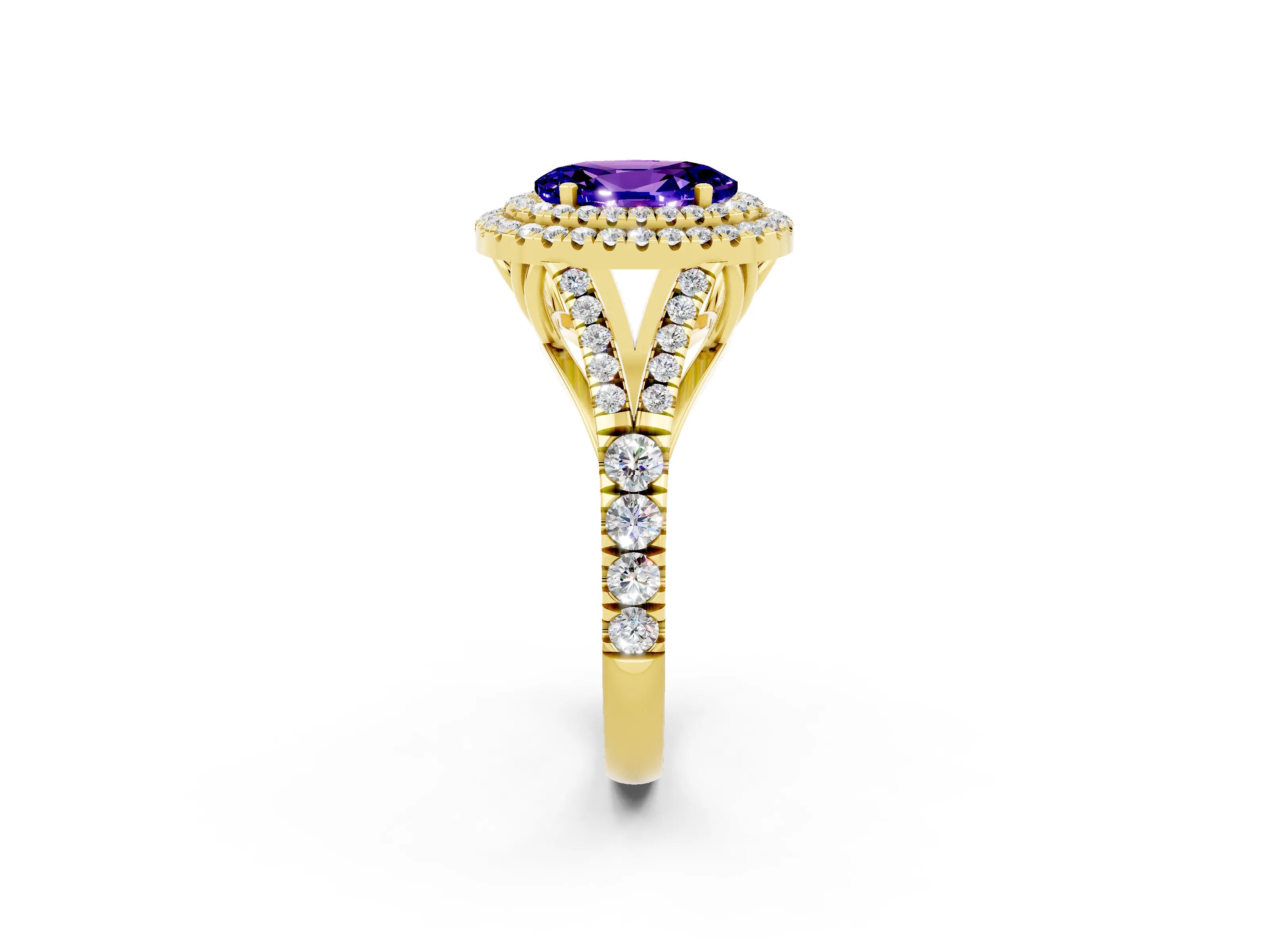 Yellow gold Oval Cut Tanzanite Pavé Split Shank Double Halo Engagement Ring_2