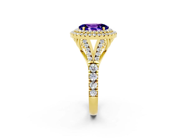 Yellow gold Oval Cut Tanzanite Pavé Split Shank Double Halo Engagement Ring