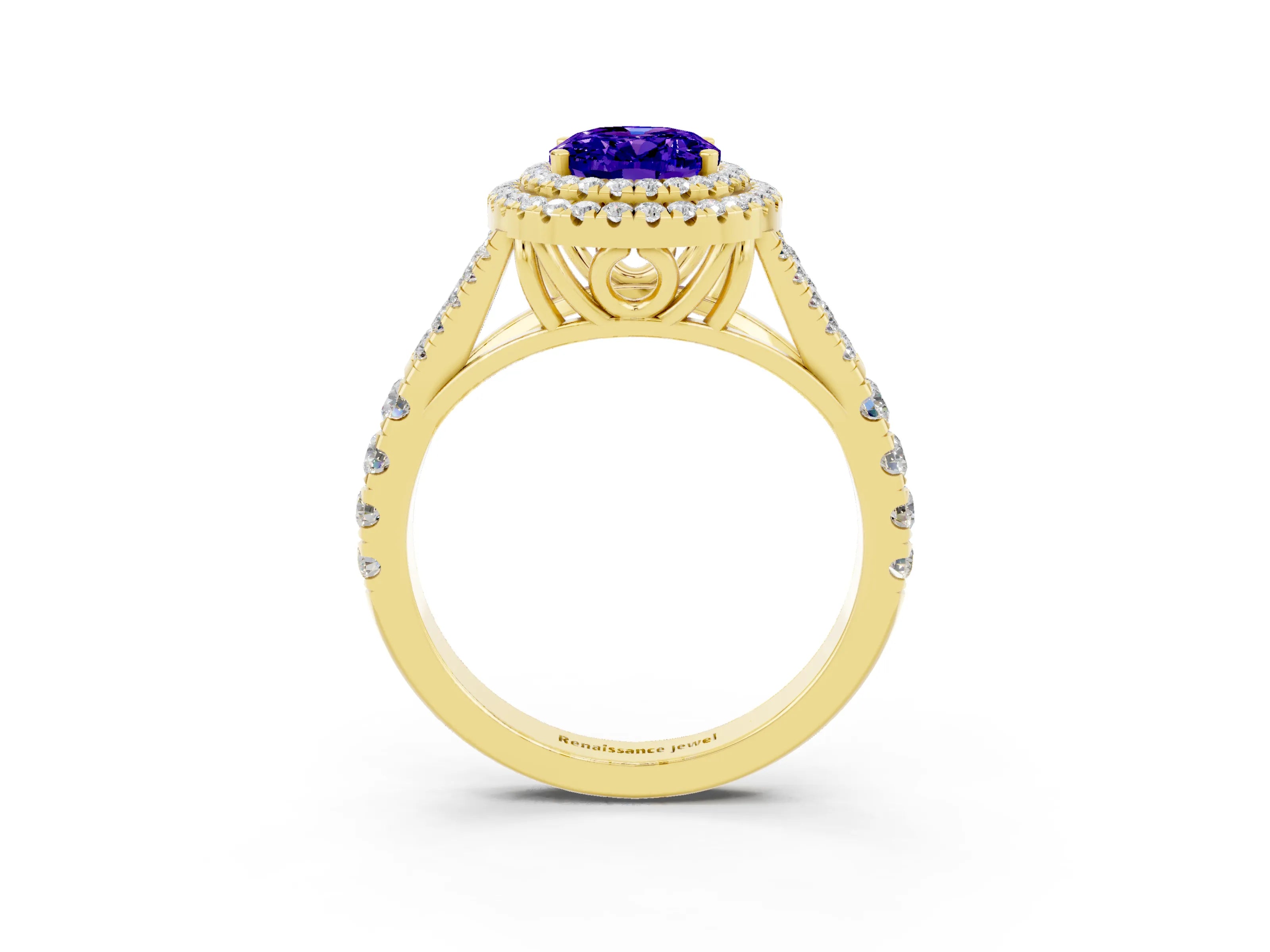 Yellow gold Oval Cut Tanzanite Pavé Split Shank Double Halo Engagement Ring_3