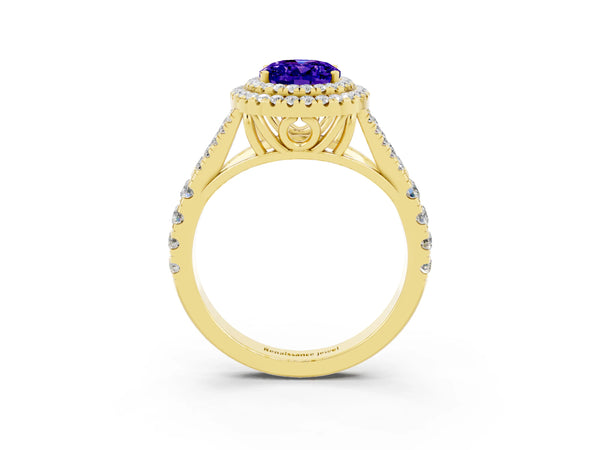 Yellow gold Oval Cut Tanzanite Pavé Split Shank Double Halo Engagement Ring