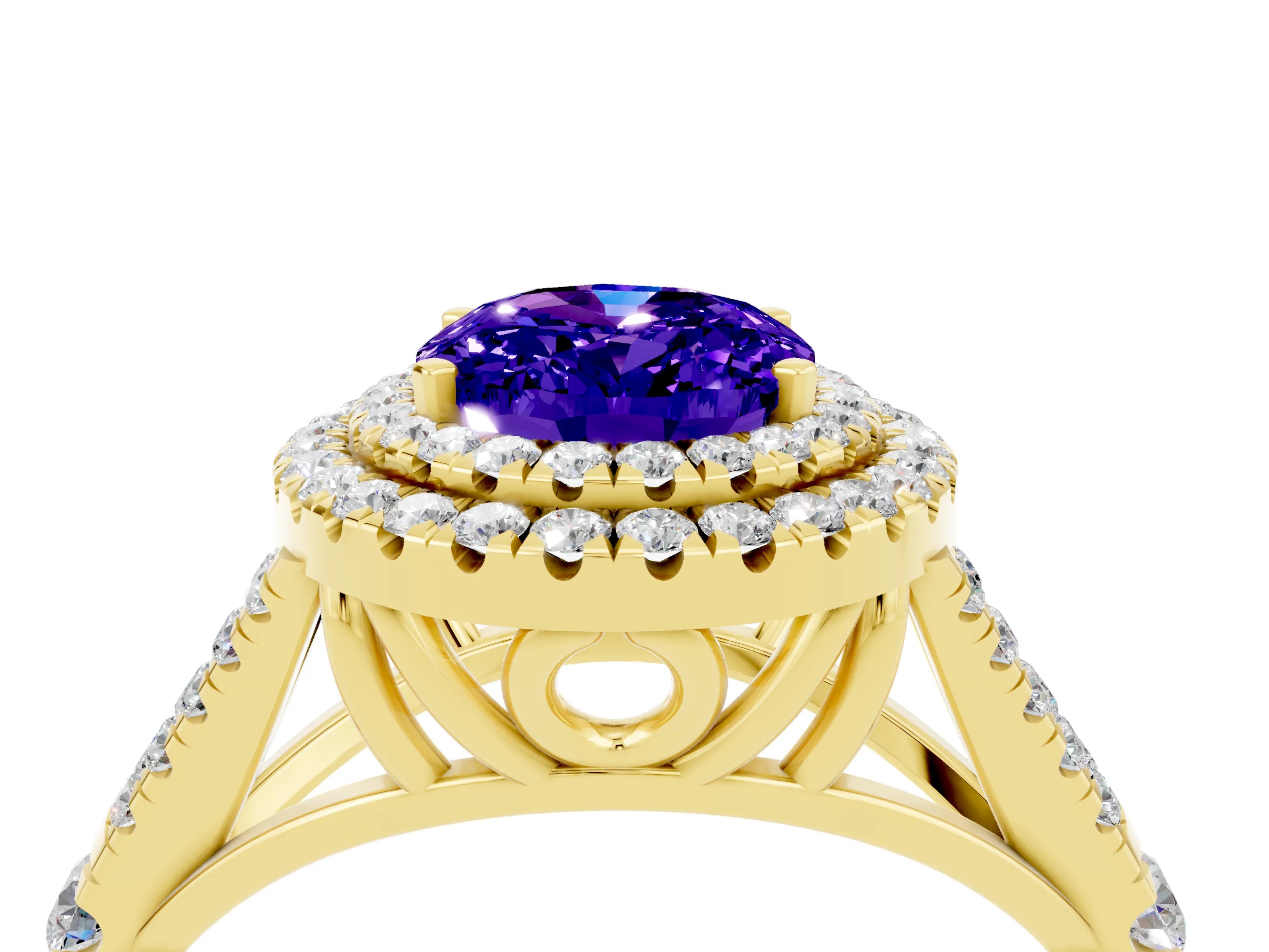 Yellow gold Oval Cut Tanzanite Pavé Split Shank Double Halo Engagement Ring_4