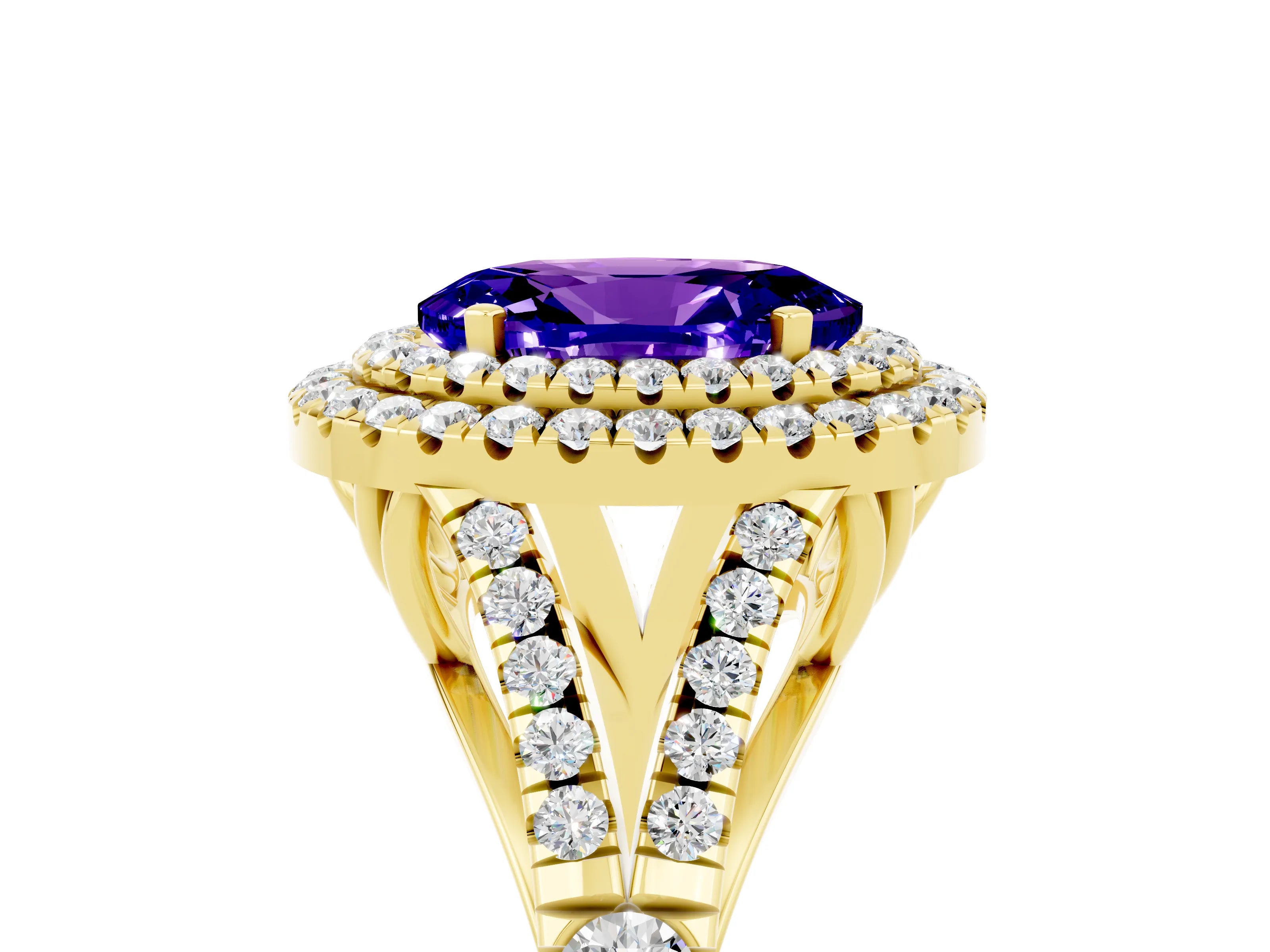 Yellow gold Oval Cut Tanzanite Pavé Split Shank Double Halo Engagement Ring_5