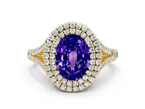 Yellow gold Oval Cut Tanzanite Pavé Split Shank Double Halo Engagement Ring