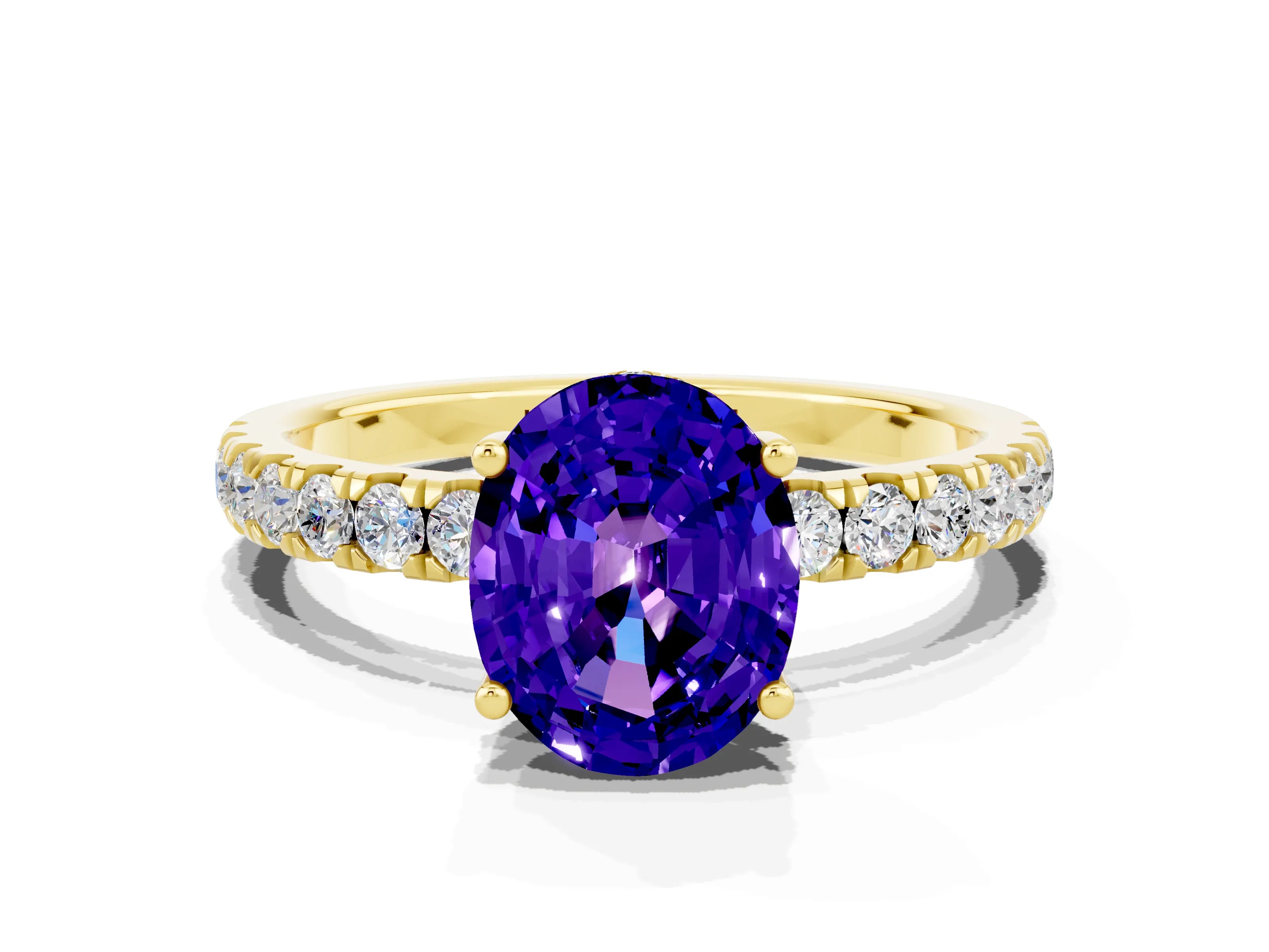 Yellow gold Oval Cut Tanzanite Pave Band Solitaire Ring with Four-Prong Setting_24