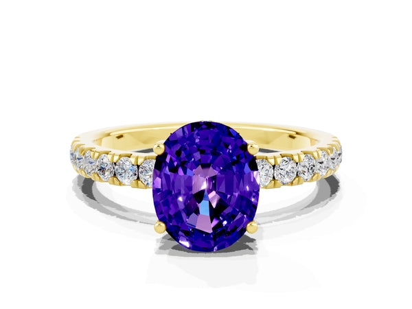 Yellow gold Oval Cut Tanzanite Pave Band Solitaire Ring with Round  and Prong Setting