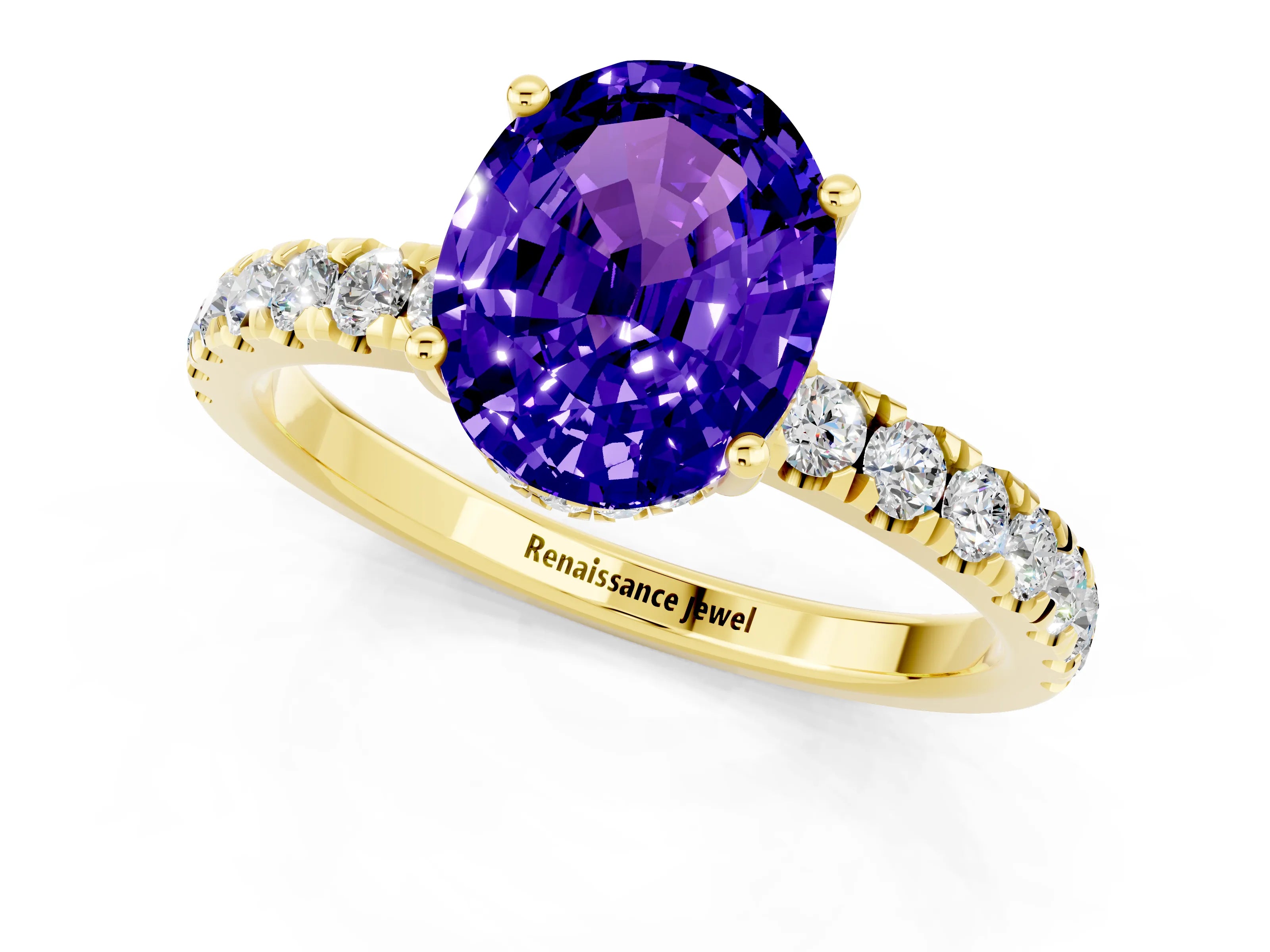 Yellow gold Oval Cut Tanzanite Pave Band Solitaire Ring with Four-Prong Setting_25