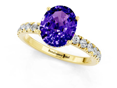 Yellow gold Oval Cut Tanzanite Pave Band Solitaire Ring with Four-Prong Setting_25