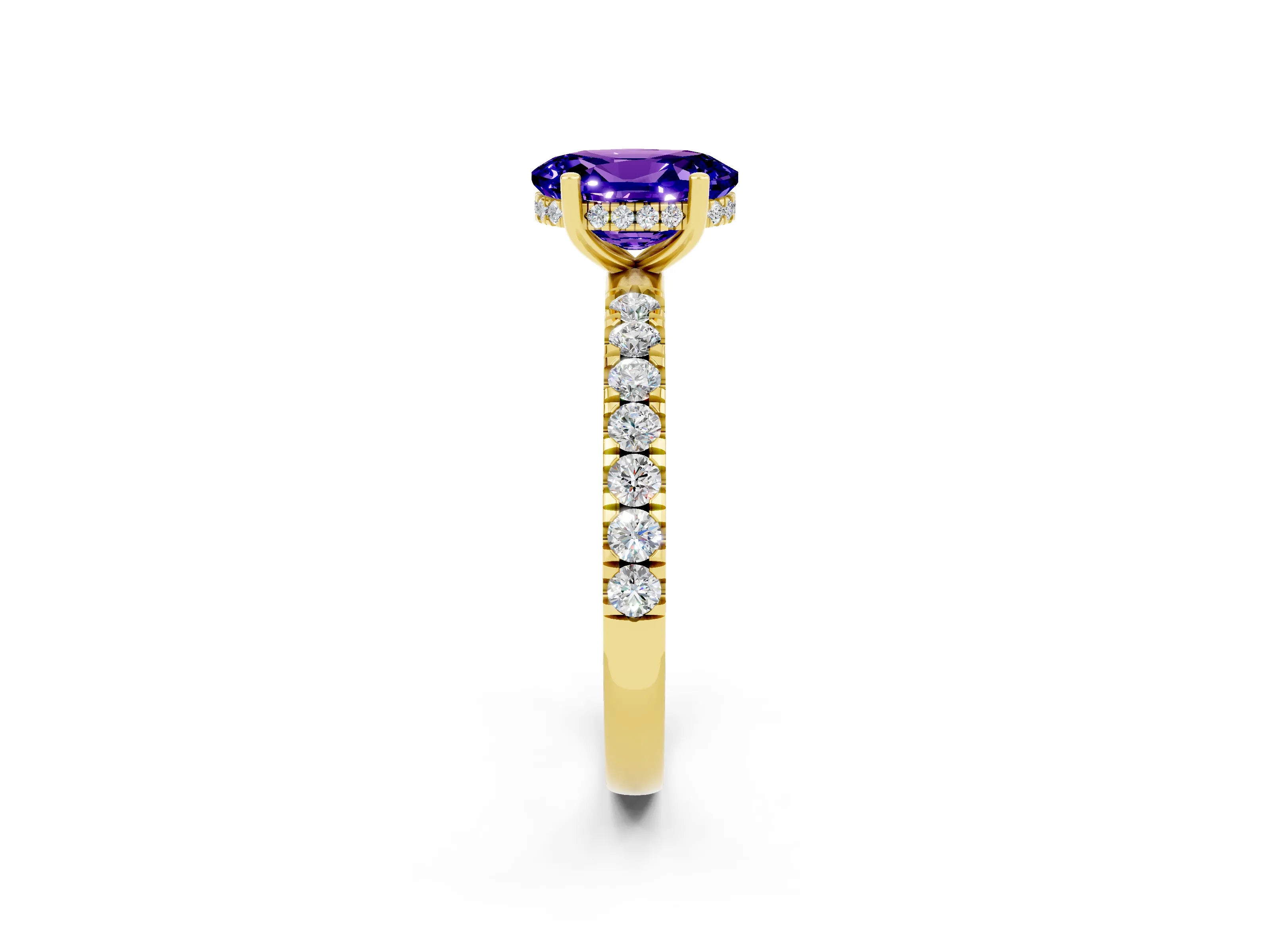 Yellow gold Oval Cut Tanzanite Pave Band Solitaire Ring with Four-Prong Setting_26