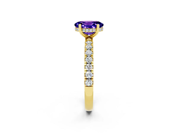 Yellow gold Oval Cut Tanzanite Pave Band Solitaire Ring with Round  and Prong Setting