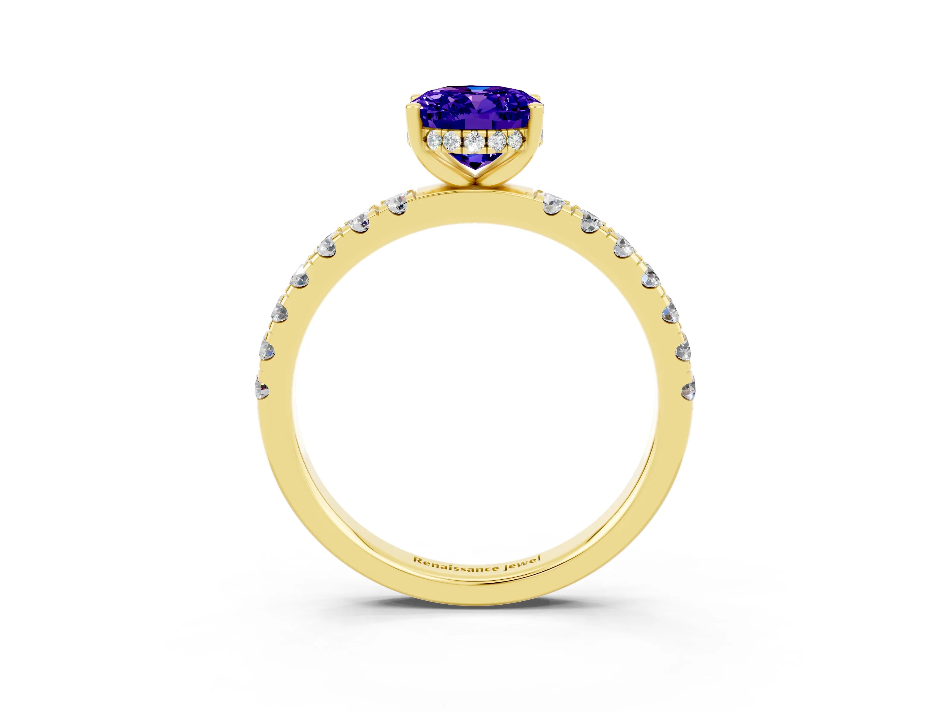 Yellow gold Oval Cut Tanzanite Pave Band Solitaire Ring with Four-Prong Setting_27