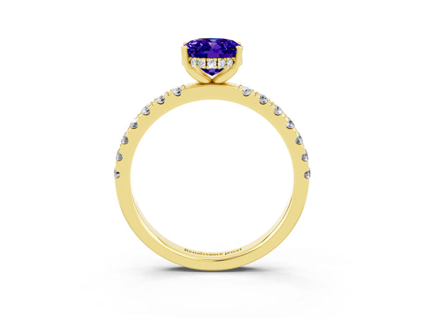 Yellow gold Oval Cut Tanzanite Pave Band Solitaire Ring with Round  and Prong Setting
