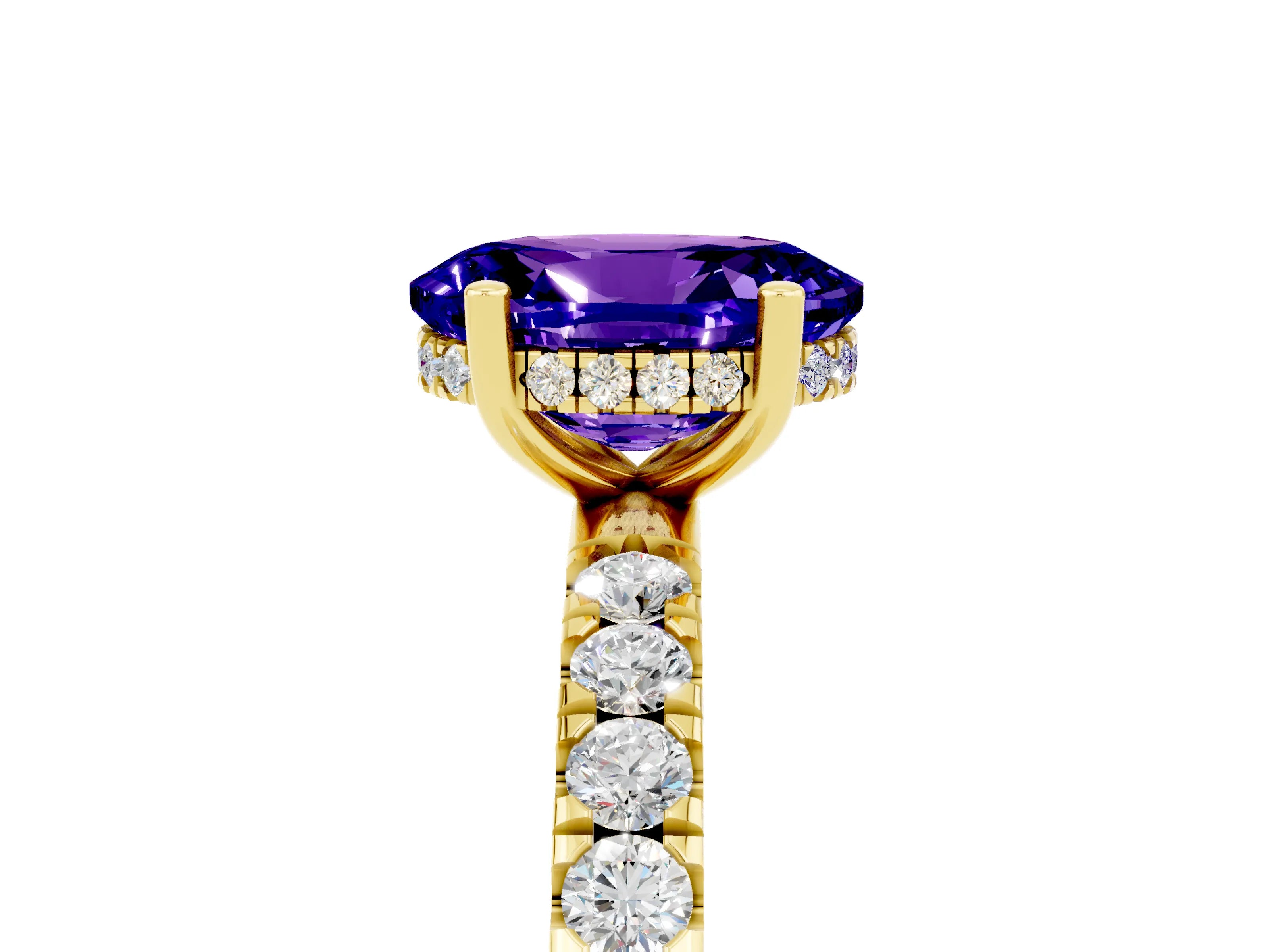 Yellow gold Oval Cut Tanzanite Pave Band Solitaire Ring with Four-Prong Setting_29
